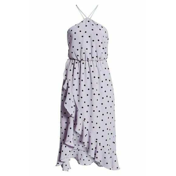 Lush Womens Polka Dot Crepe Asymmetrical Ruffle Trim Halter Wrap Dress Size S - Picture 8 of 12